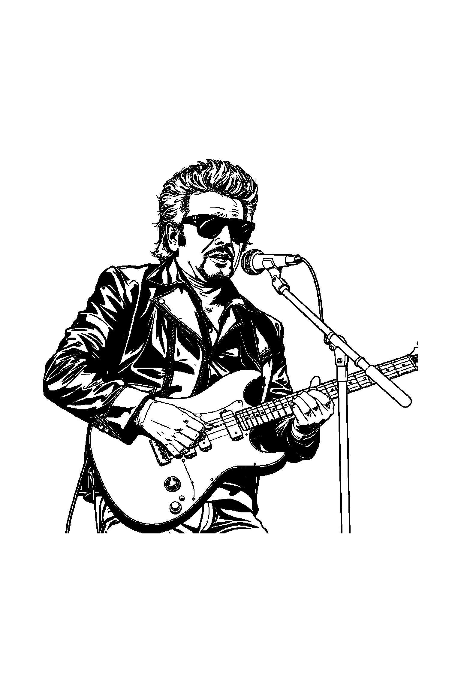 Coloriage Johnny Hallyday gratuit à imprimer - un guitariste sur scène avec notes de musique autour de lui Coloriage Johnny Hallyday gratuit à imprimer : un guitariste sur scène avec notes de musique autour de lui