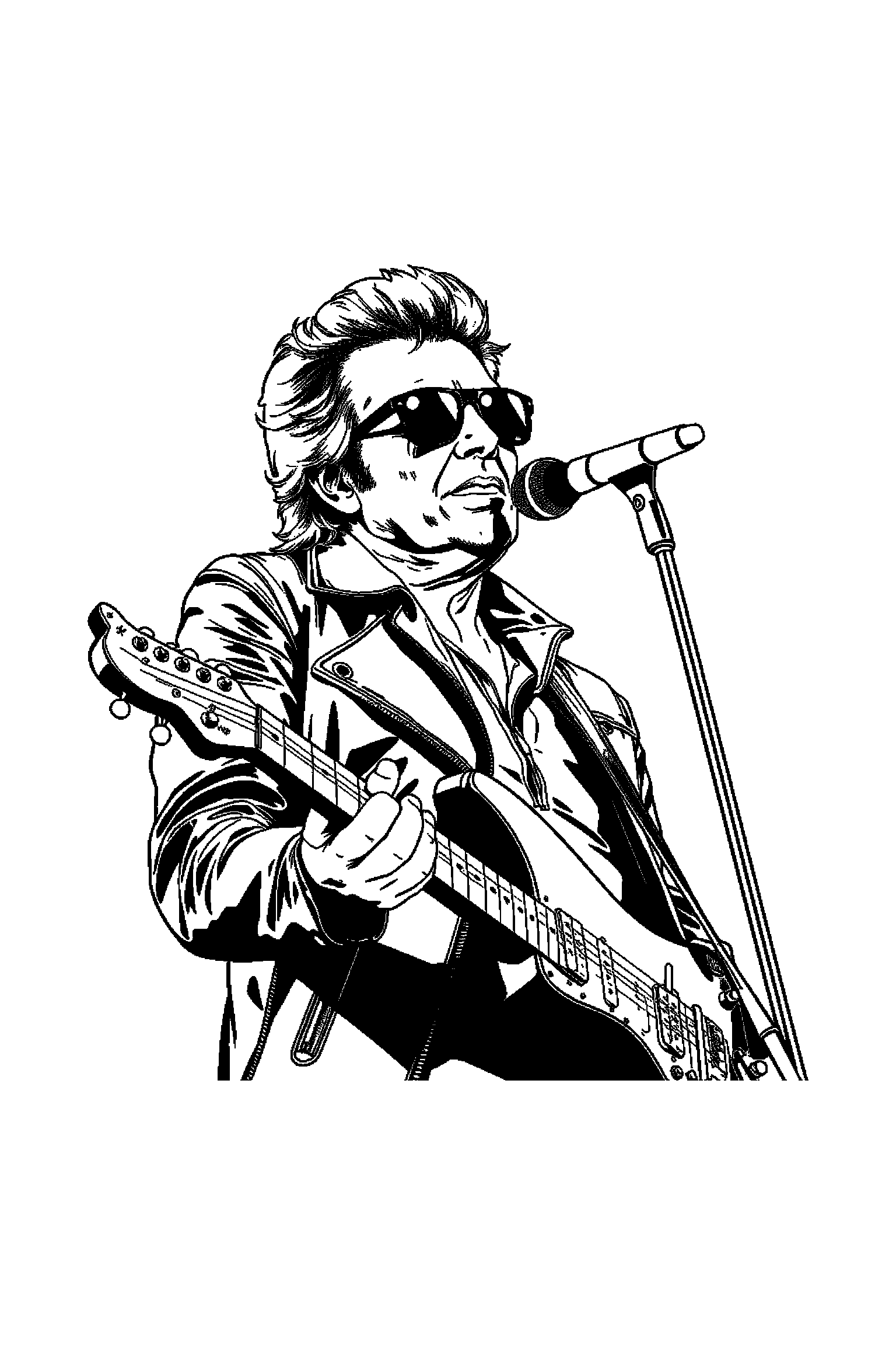 Coloriage Johnny Hallyday gratuit à imprimer - un chanteur rock qui montre un micro avec un bras bien attaché au corps Coloriage Johnny Hallyday gratuit à imprimer : un chanteur rock qui montre un micro avec un bras bien attaché au corps