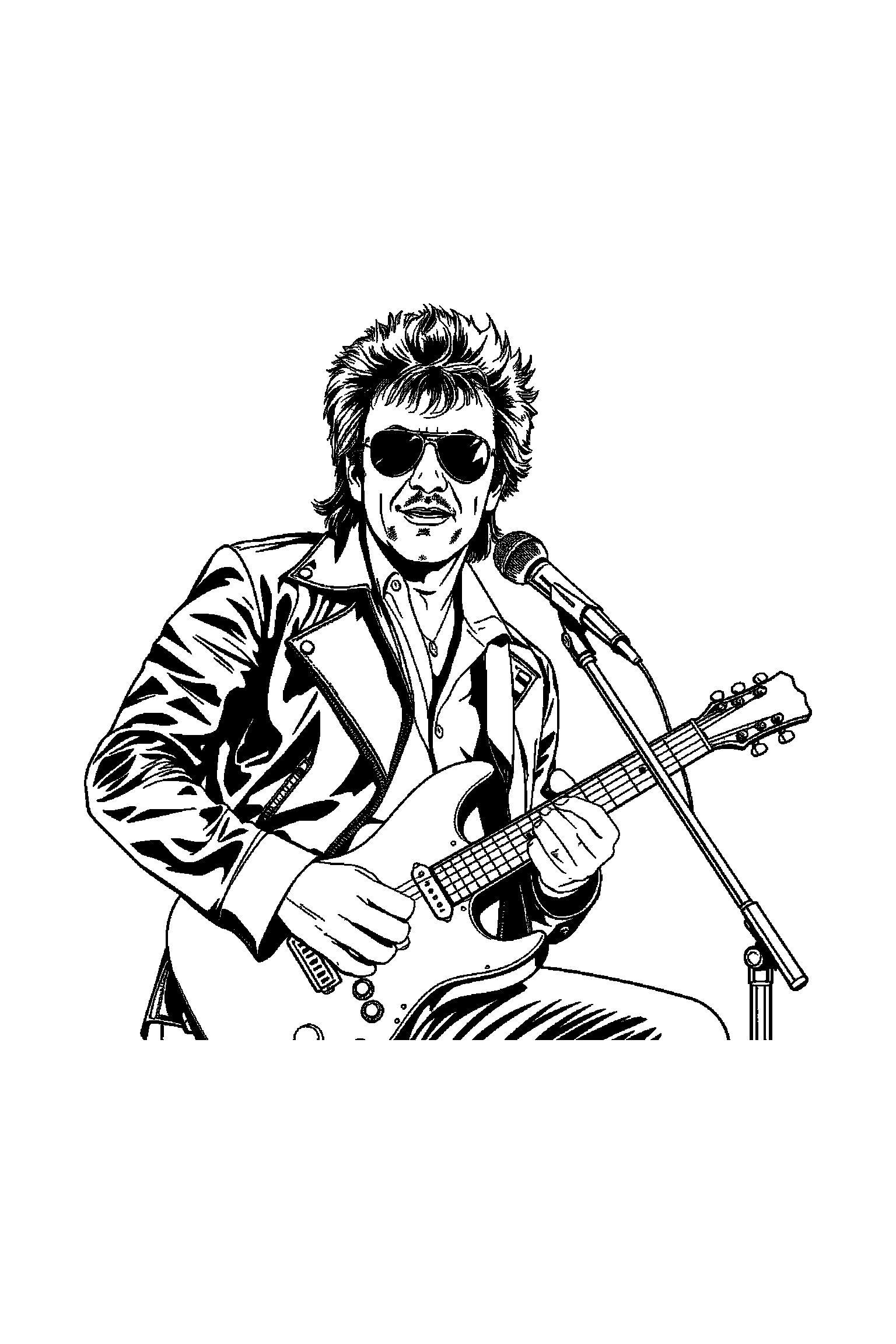 Coloriage Johnny Hallyday gratuit à imprimer - un guitariste sur scène souriant devant un grand motif notes de musique Coloriage Johnny Hallyday gratuit à imprimer : un guitariste sur scène souriant devant un grand motif notes de musique