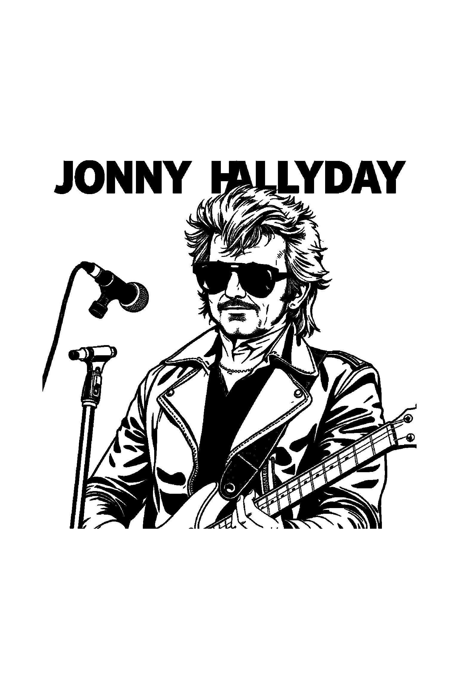 Coloriage Johnny Hallyday gratuit à imprimer - un guitariste sur scène au centre avec notes de musique en arrière-plan Coloriage Johnny Hallyday gratuit à imprimer : un guitariste sur scène au centre avec notes de musique en arrière-plan