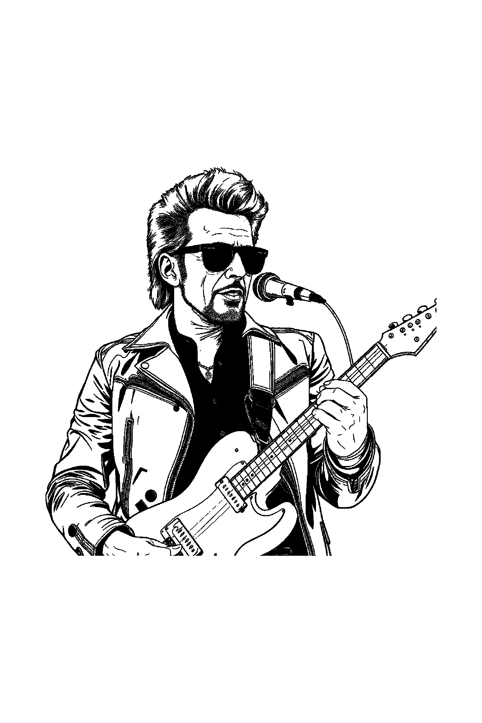 Coloriage Johnny Hallyday gratuit à imprimer - un motard rock qui regarde une moto Coloriage Johnny Hallyday gratuit à imprimer : un motard rock qui regarde une moto