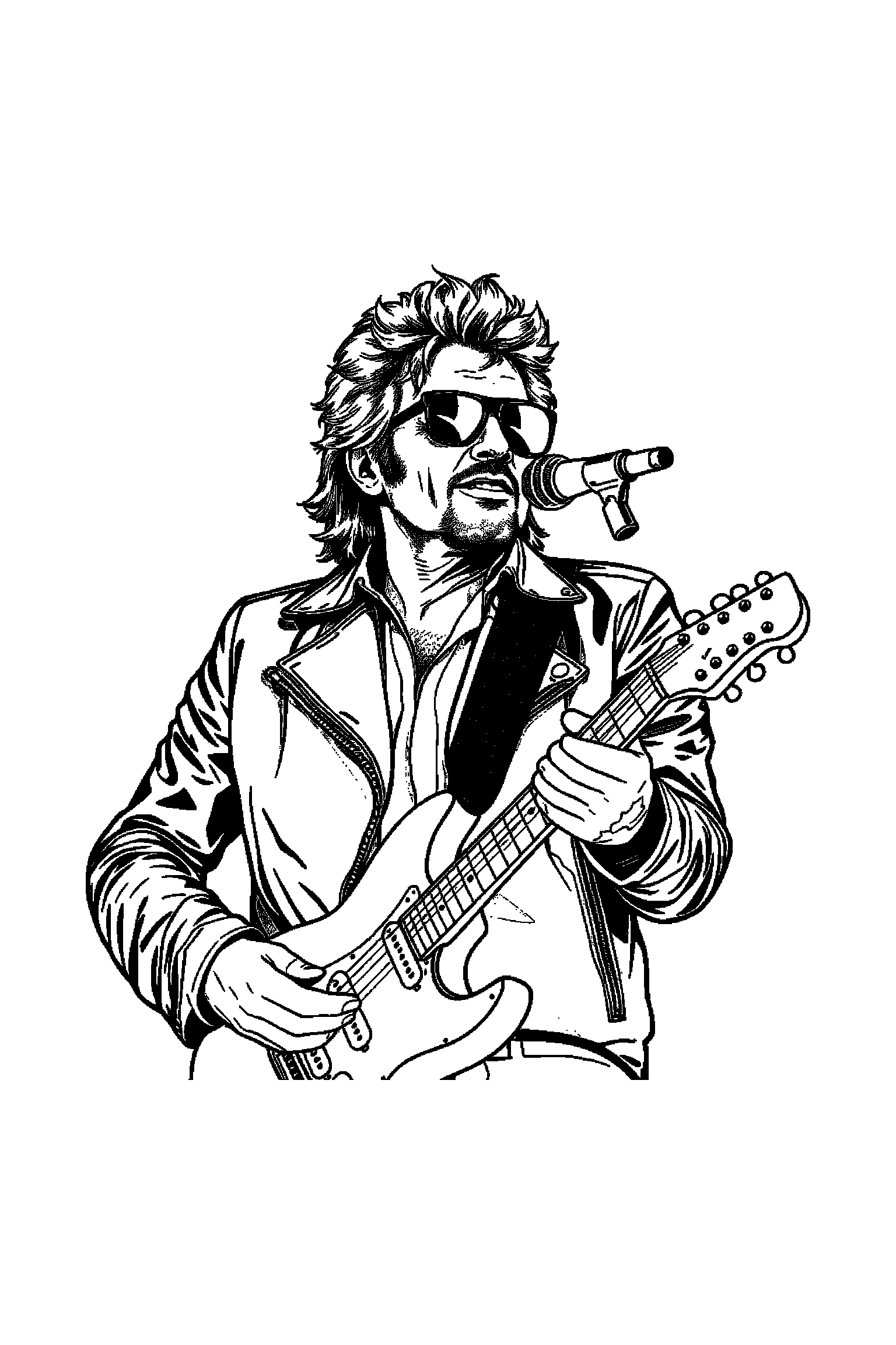 Coloriage Johnny Hallyday gratuit à imprimer - un chanteur rock avec un micro et des motifs flammes Coloriage Johnny Hallyday gratuit à imprimer : un chanteur rock avec un micro et des motifs flammes