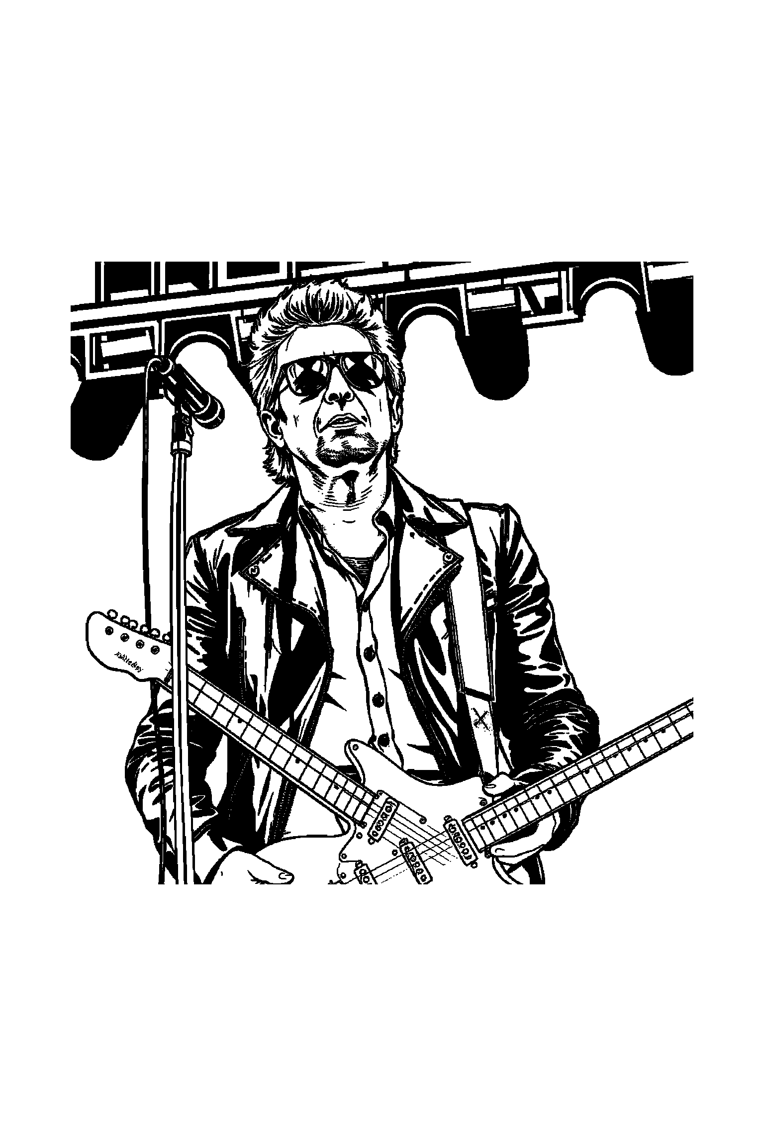 Coloriage Johnny Hallyday gratuit à imprimer - un guitariste sur scène entouré par des motifs notes de musique Coloriage Johnny Hallyday gratuit à imprimer : un guitariste sur scène entouré par des motifs notes de musique