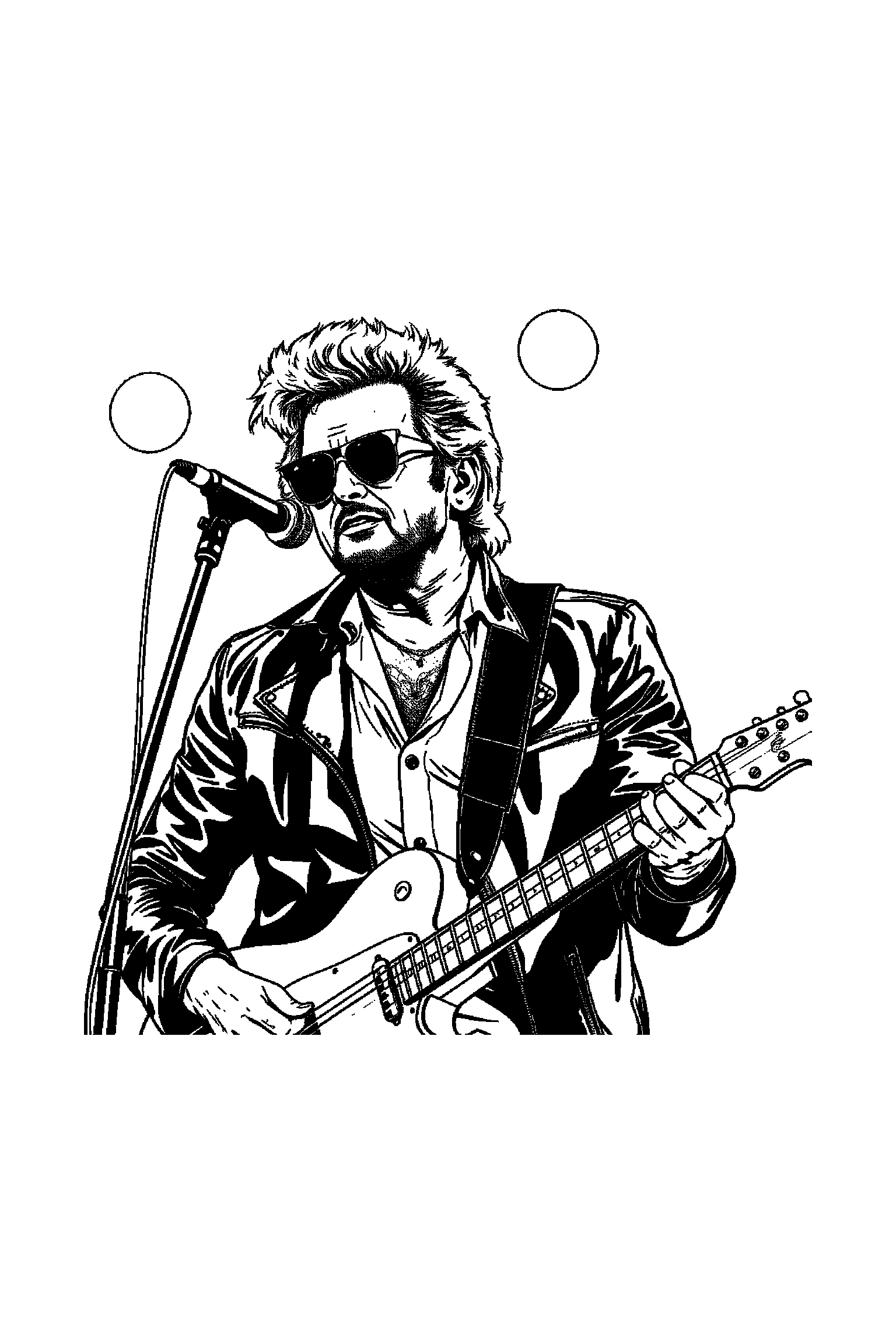 Coloriage Johnny Hallyday gratuit à imprimer - Johnny Hallyday dans une scène de concert avec plusieurs détails Coloriage Johnny Hallyday gratuit à imprimer : Johnny Hallyday dans une scène de concert avec plusieurs détails