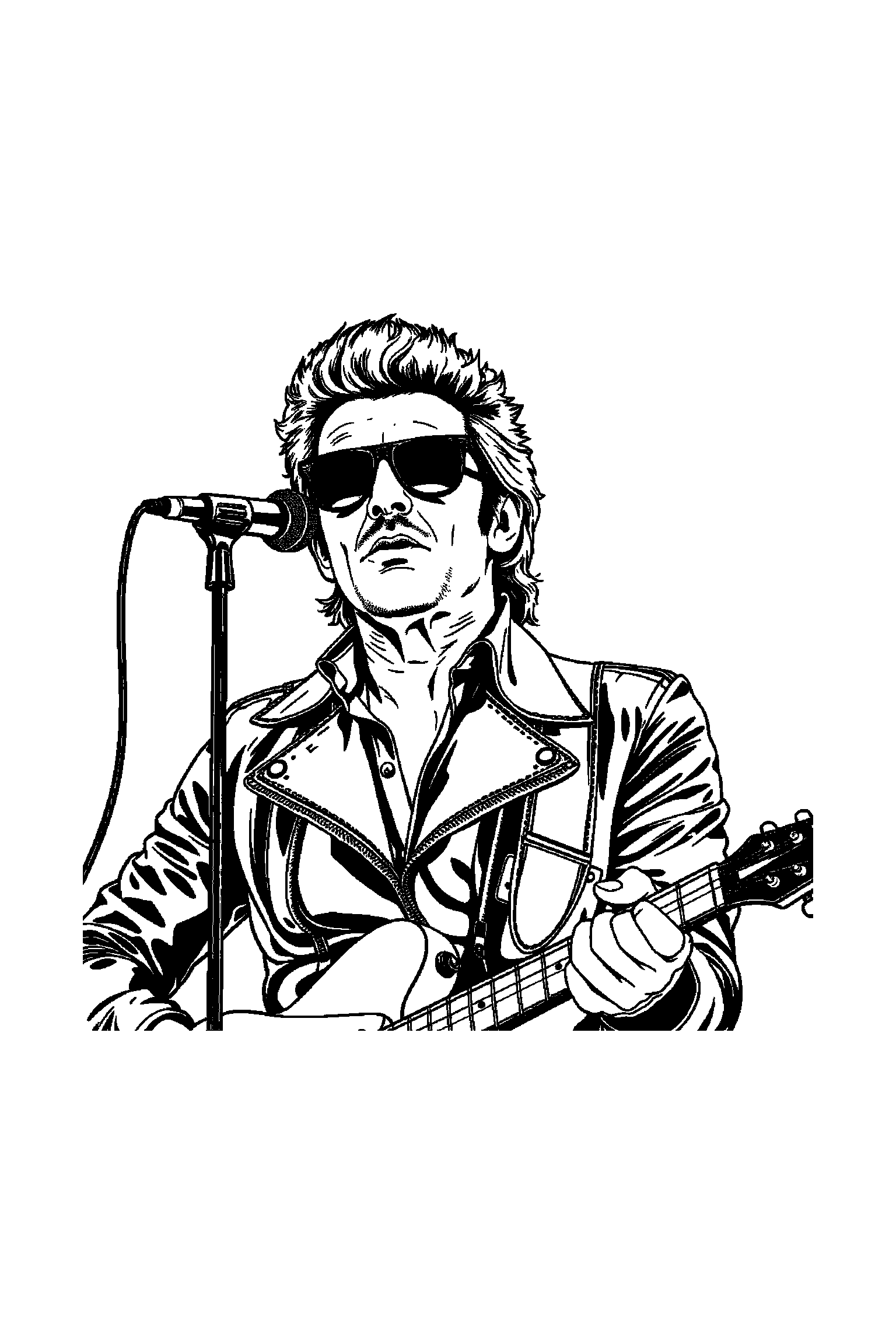 Coloriage Johnny Hallyday gratuit à imprimer - un chanteur rock entouré par des motifs flammes et de petits objets Coloriage Johnny Hallyday gratuit à imprimer : un chanteur rock entouré par des motifs flammes et de petits objets