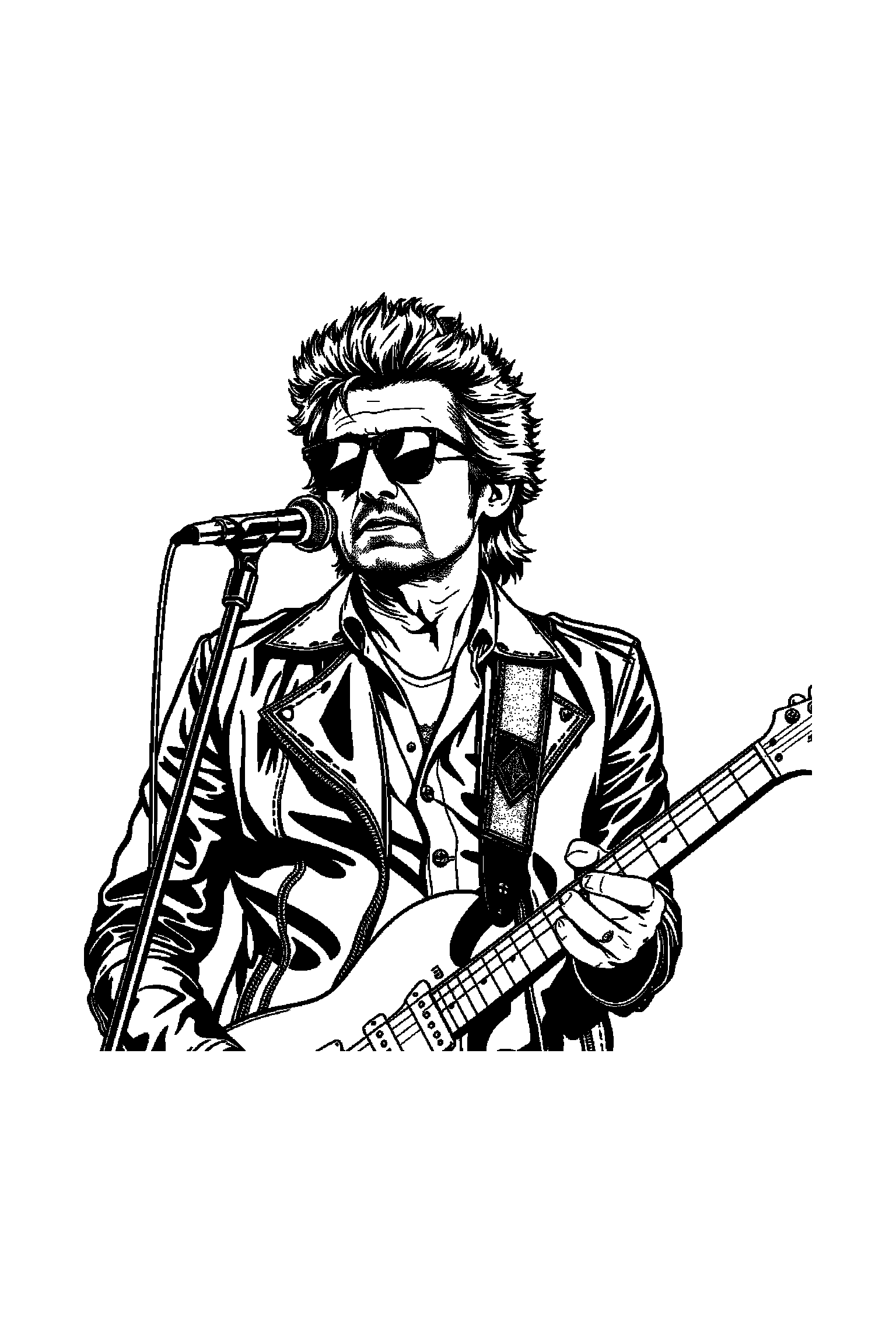 Coloriage Johnny Hallyday gratuit à imprimer - scène verticale avec un guitariste sur scène et l'univers rock de Johnny Coloriage Johnny Hallyday gratuit à imprimer : scène verticale avec un guitariste sur scène et l'univers rock de Johnny