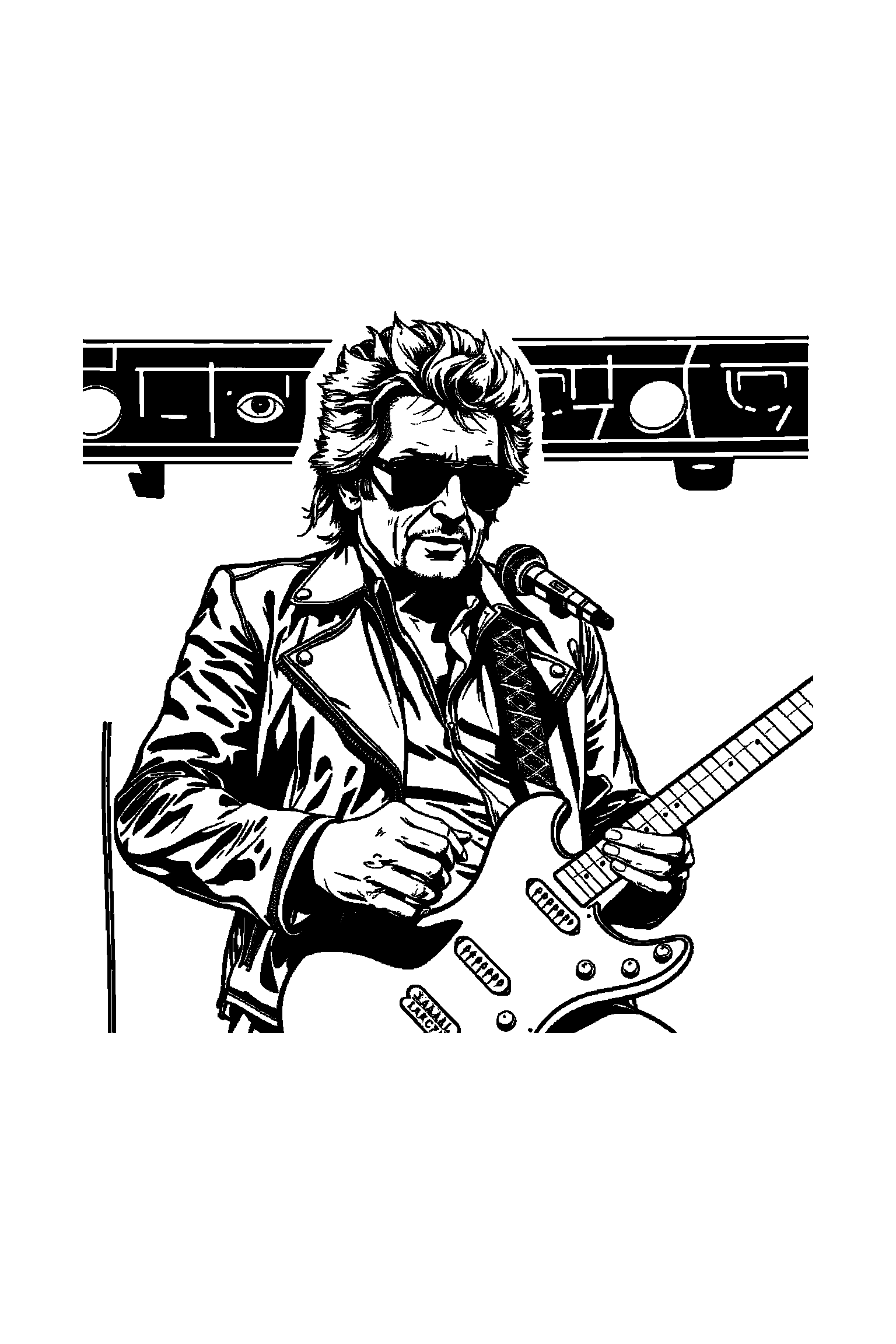 Coloriage Johnny Hallyday gratuit à imprimer - un motard rock au centre d'un décor riche mais lisible Coloriage Johnny Hallyday gratuit à imprimer : un motard rock au centre d'un décor riche mais lisible