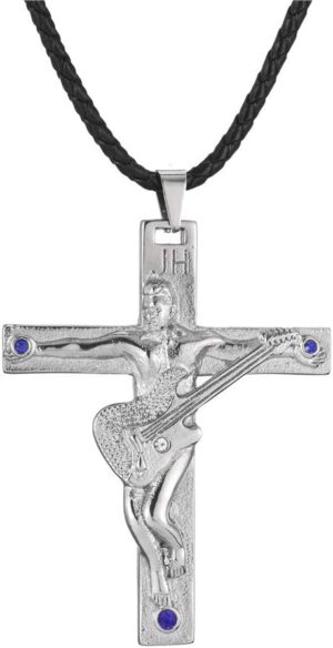 Collier Johnny Hallyday JH Signature avec pendentif croix guitare en acier inoxydable