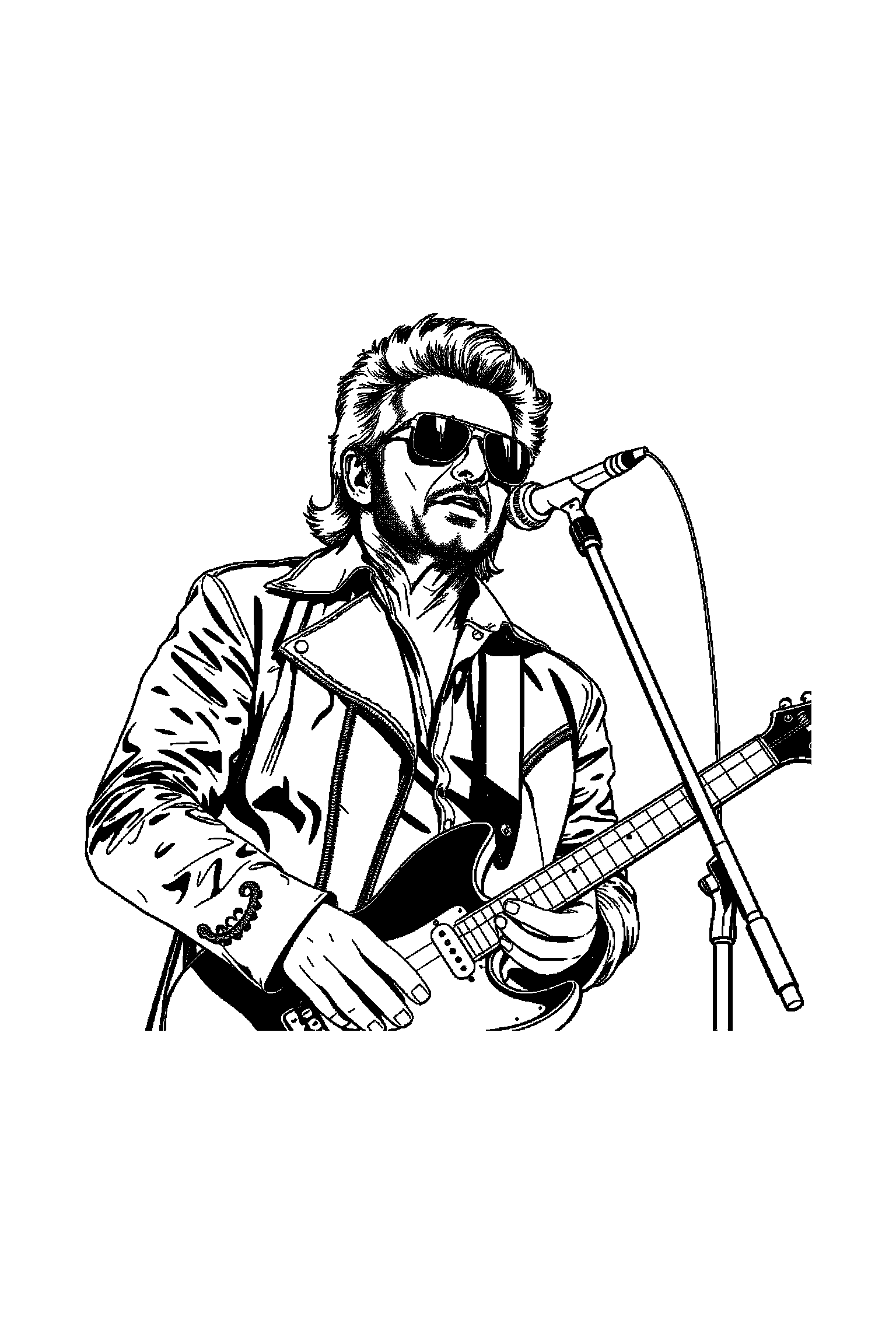 Coloriage Johnny Hallyday gratuit à imprimer - un guitariste sur scène dans une scène verticale avec une veste Coloriage Johnny Hallyday gratuit à imprimer : un guitariste sur scène dans une scène verticale avec une veste