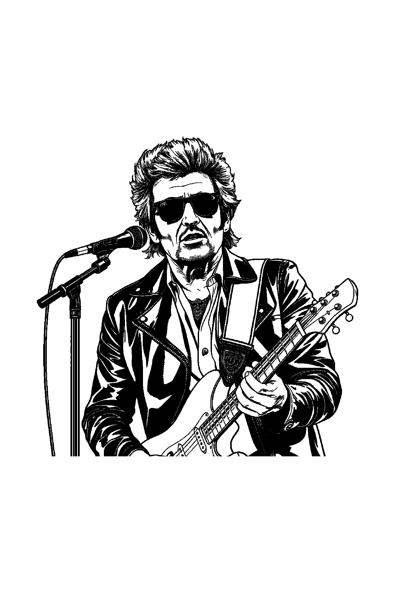 Coloriage Johnny Hallyday gratuit à imprimer - motif difficile de notes de musique autour de un guitariste sur scène Coloriage Johnny Hallyday gratuit à imprimer : motif difficile de notes de musique autour de un guitariste sur scène