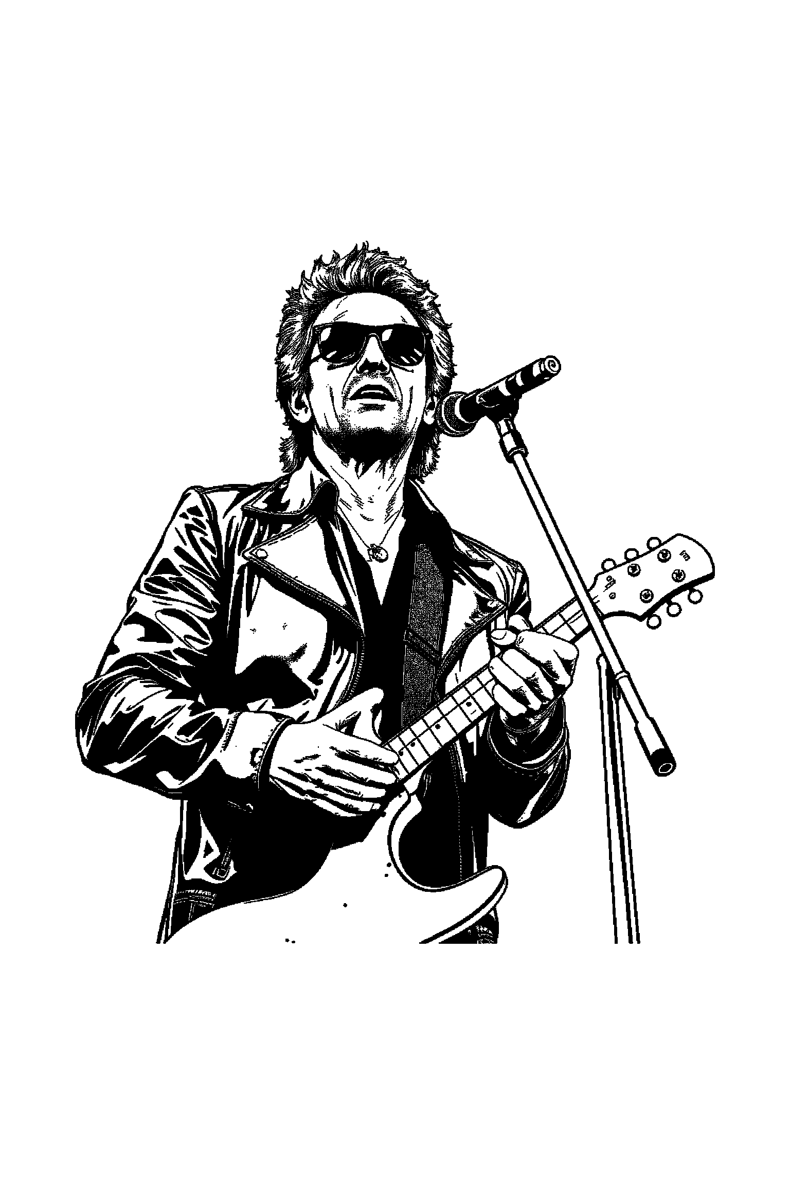 Coloriage Johnny Hallyday gratuit à imprimer - scène verticale détaillée avec un motard rock et une moto Coloriage Johnny Hallyday gratuit à imprimer : scène verticale détaillée avec un motard rock et une moto