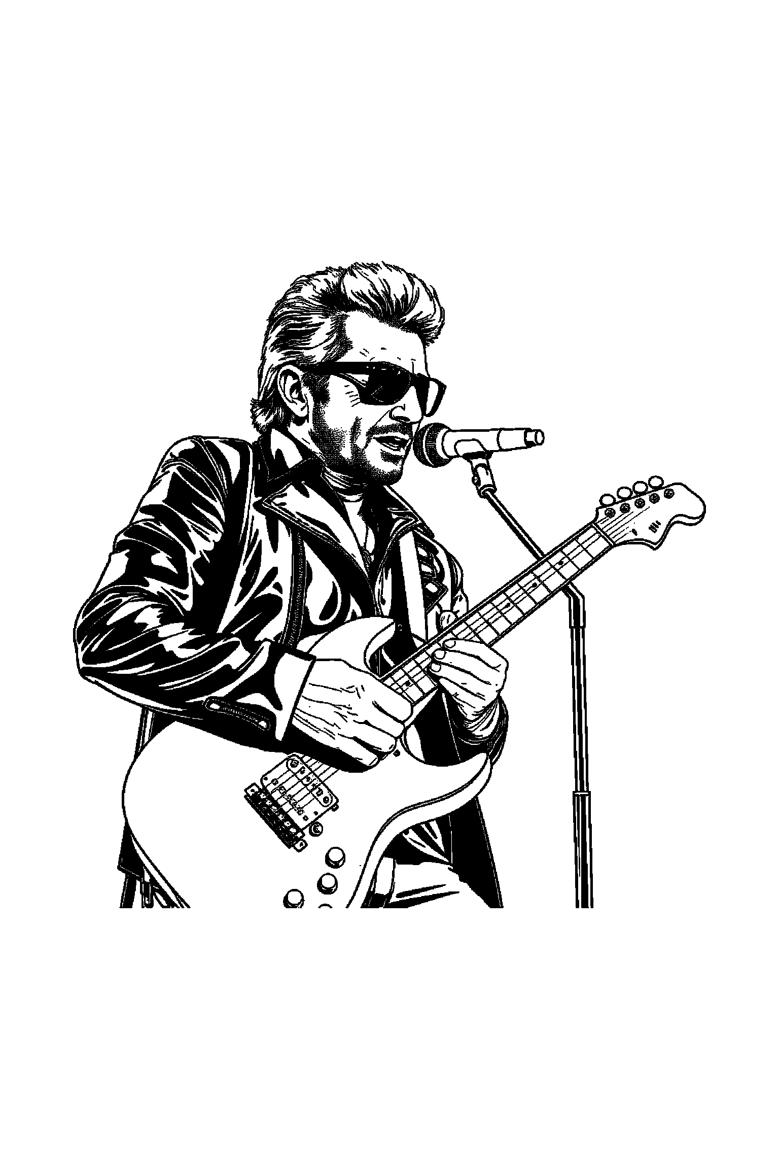 Coloriage Johnny Hallyday gratuit à imprimer - un chanteur rock au centre avec scène détaillée de une route Coloriage Johnny Hallyday gratuit à imprimer : un chanteur rock au centre avec scène détaillée de une route