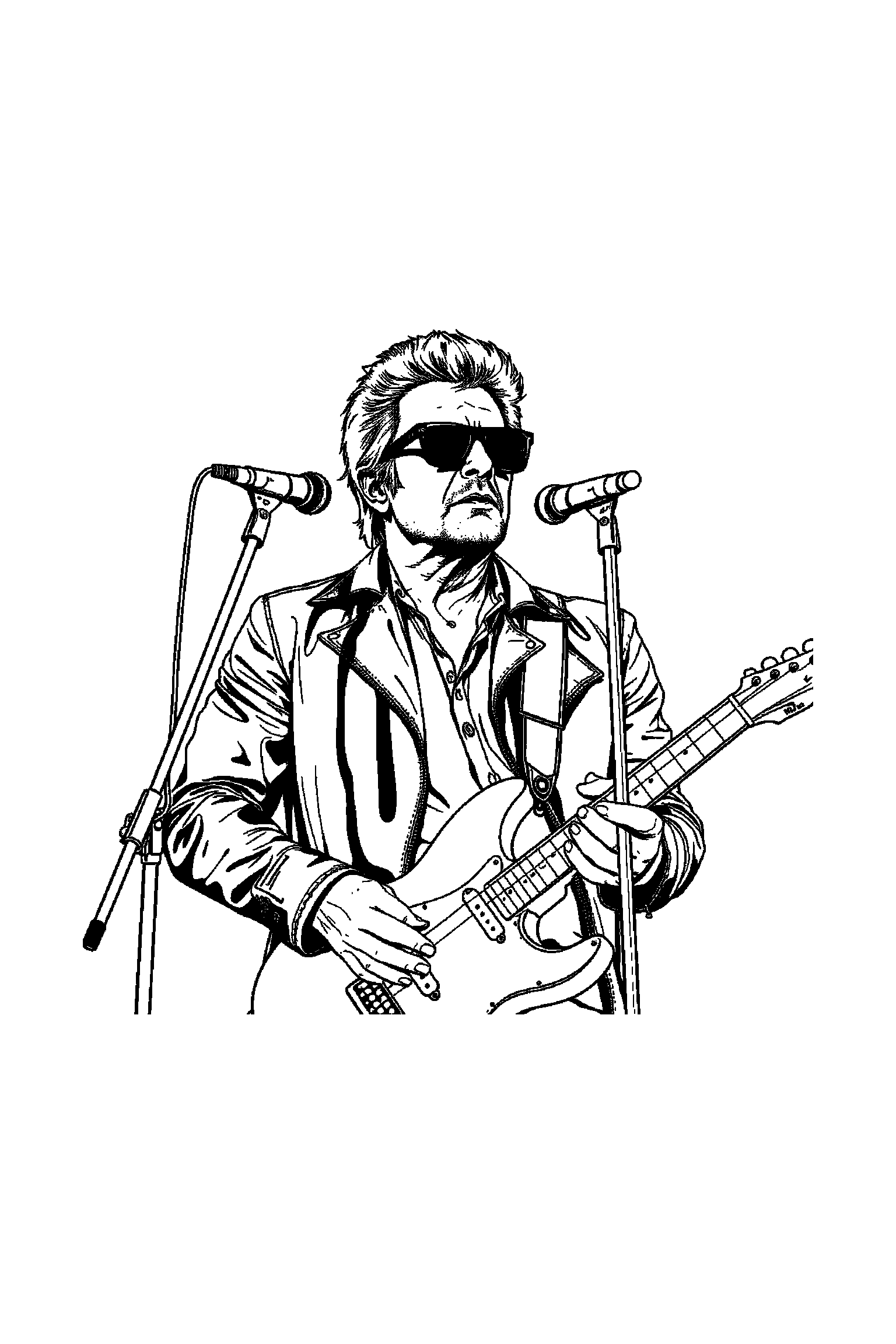 Coloriage Johnny Hallyday gratuit à imprimer - motif difficile de notes de musique autour de un guitariste sur scène Coloriage Johnny Hallyday gratuit à imprimer : motif difficile de notes de musique autour de un guitariste sur scène