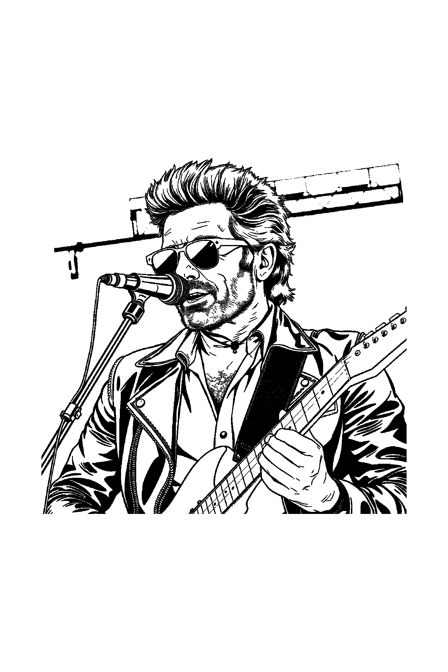 Coloriage Johnny Hallyday gratuit à imprimer - scène verticale détaillée avec un motard rock et une moto Coloriage Johnny Hallyday gratuit à imprimer : scène verticale détaillée avec un motard rock et une moto