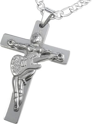 Collier Johnny Hallyday Croix Guitare JH en acier inoxydable