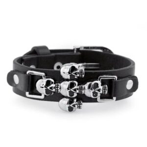 Bracelet Johnny Hallyday en cuir à 5 têtes de mort