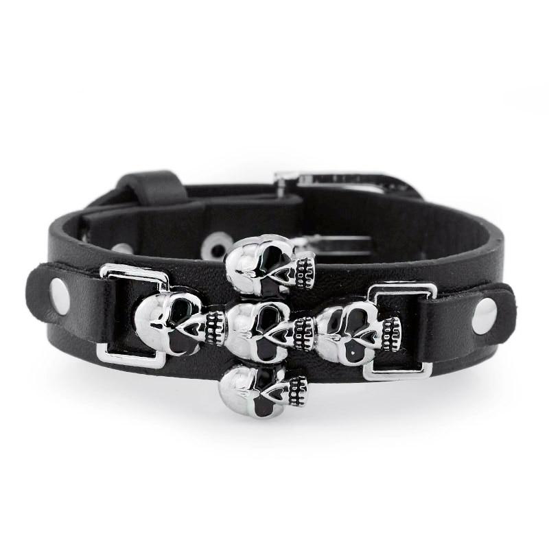 Bracelet Johnny Hallyday en cuir à 5 têtes de mort