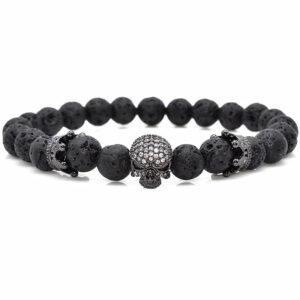 Bracelet perle Johnny Hallyday crâne zircon, Noir, Argent ou Or