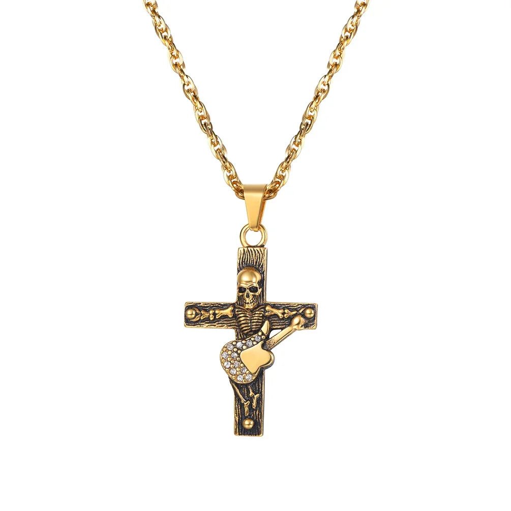 Collier pendentif Johnny Hallyday croix squelette, modèles 1 et 2